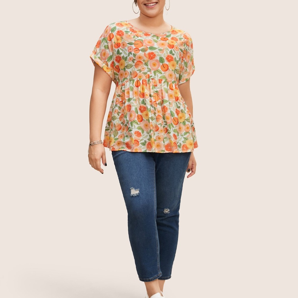 BloomChic Floral Fruit Pattern Short Sleeve Blouse - Salmon Pink and Orange